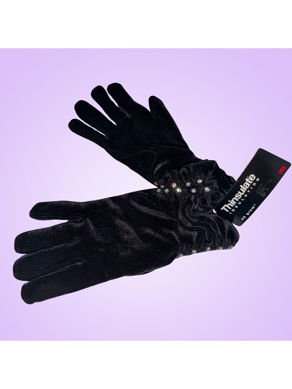 NWT Womenโs Black Velvet Thinsulate 40g Rhinestone Ruched Winter Gloves OS